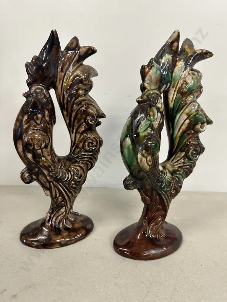 Vintage Green & Brown Roosters Signed Arnels H30cm. Image 1++